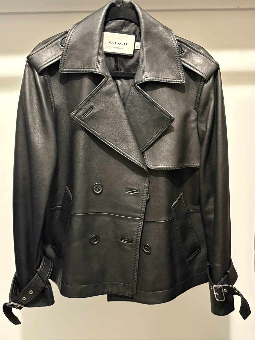 Coach Black Leather Double-Breasted Trench Jacket - Picture 2 of 5